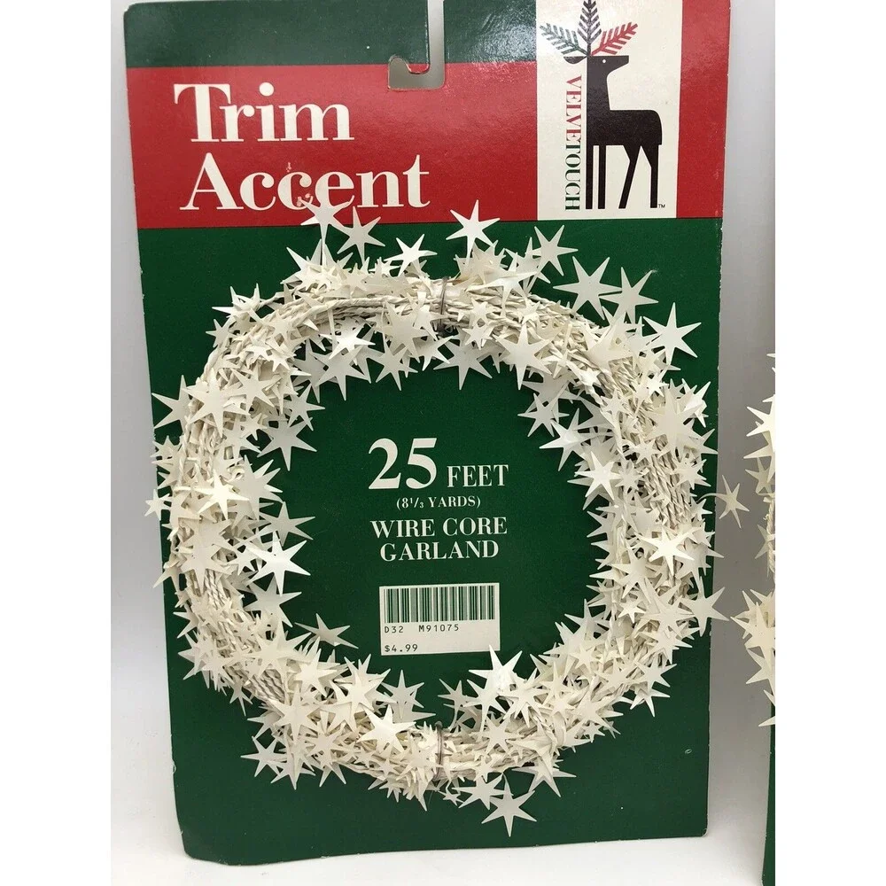 Vintage White Stars Christmas Tree Garland Holiday Trim 25’ X 2 = 50’ NOS